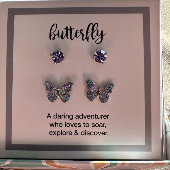 Sterling Silver Crystal Sparkle Purple Blue Butterfly and Stud Earring Set - NEW - Picture 2 of 6
